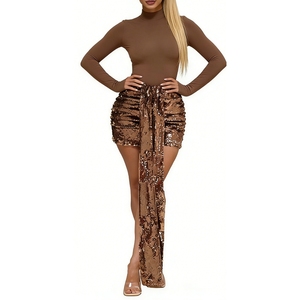 Women's 2 Piece <b>Sequin</b> Mini Dress Set Long Sleeve Turtleneck <b>Top</b> & Ruched <b>Sequin</b> Skirt With Draped Sash Sets Fashion - Product Image 4