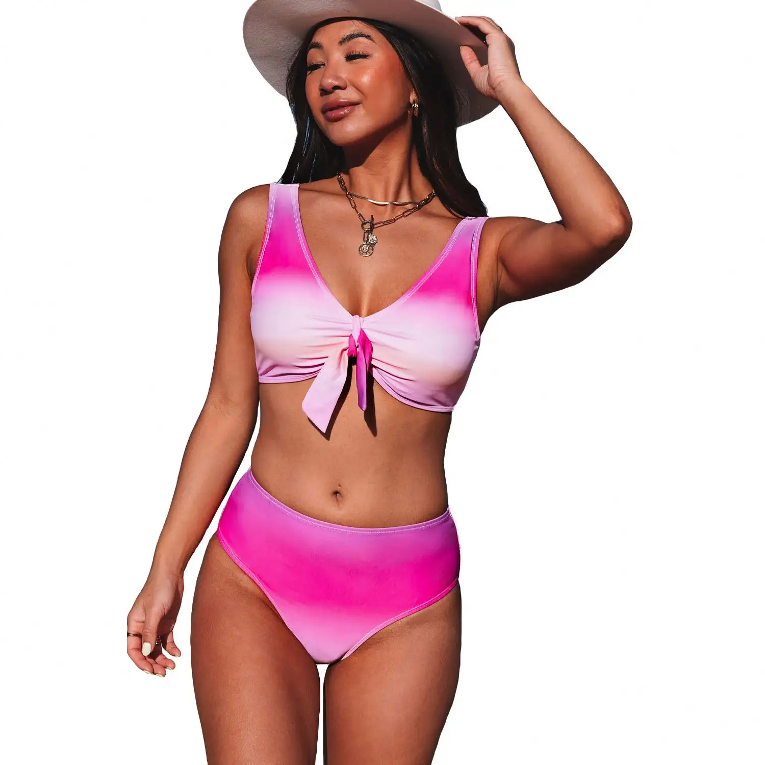 Bán buôn Gradient màu hồng lưới lót bikini Brazil Set
