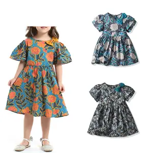 トレンディなデザインのキッズフローラルドレスパフ半袖かわいい弓夏の花の女の子のドレス3-8歳