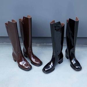 Kadınlar için Patent deri çizmeler diz çizmeler kadın ayakkabı diz yüksek deri yüksek topuk orta - Product Image 4