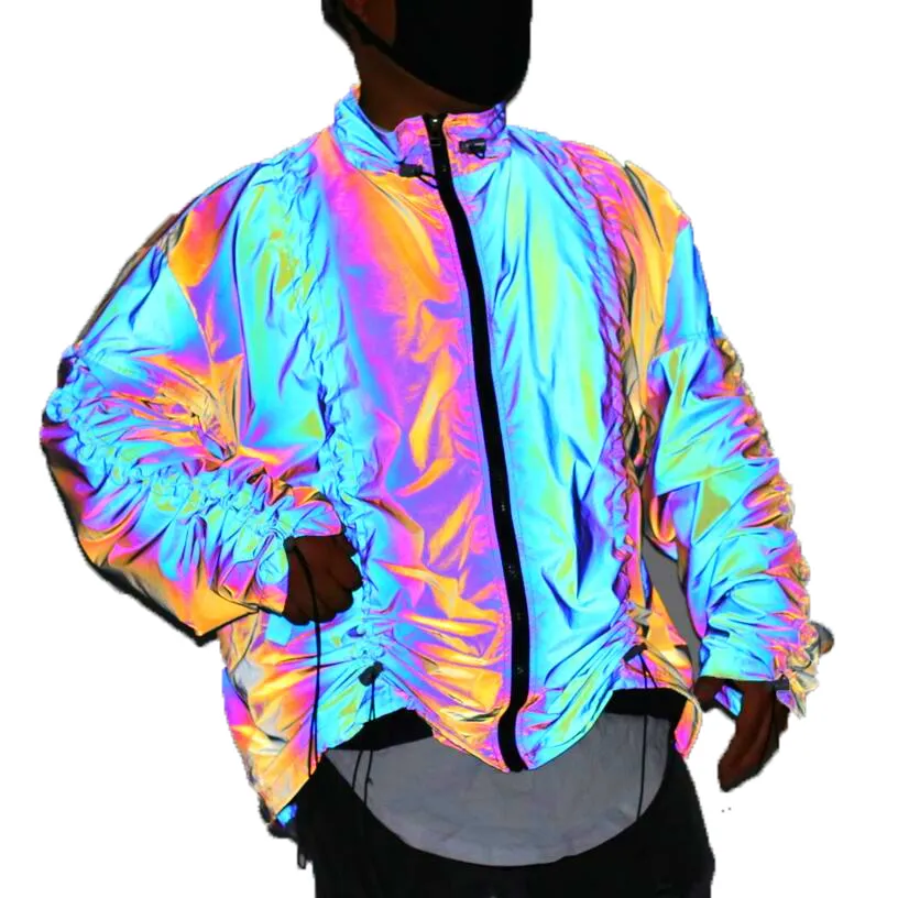 Hi vis full zip up jacket blue color safety rainbow reflective polyester nylon hoodie pullover jackets with draw string design