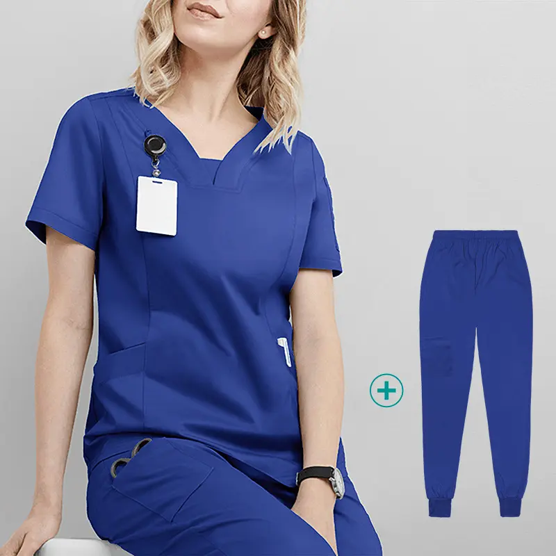 Haute qualité médical gommages costume médecin infirmière travail uniforme v cou gommages uniforme ensemble hôpital 72% polyester 21% rayonne 7% spandex