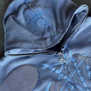 เสื้อฮู้ดดี้ปักลายพิมพ์ลายตามสั่งขายส่ง ผ้าฝ้าย แต่งผ้าปะติดสีเดียวกัน เสื้อฮู้ดดี้โอเวอร์ไซส์ ซิปหน้า ล้างสีแบบแอซิดวอช - Product Image 4