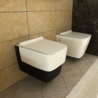 Toilette intelligente moderne et écologique, arrière au mur, salle de bain, WC en céramique avec eau colorée, sans réservoir, sans rebord