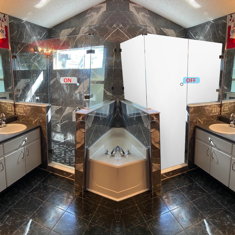 Портативный корпус, дверь унитаза, бесплатные зажимы, стекло для ванной комнаты Foshan, легкая установка, темно-серый, прозрачный, продажа, деловая пленка PDLC, разделительное стекло