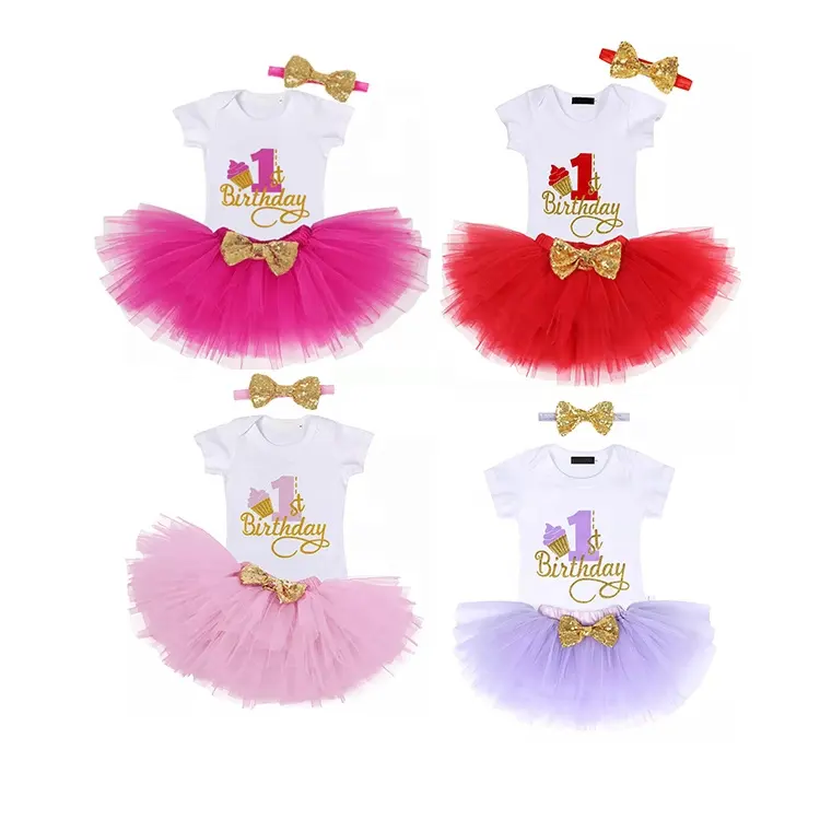 1st Birthday Party Tutu Dress Baby Girls Clothing Set Skirt Short Sleeve Skirt Three-Piece Dress For Kids Girl ropa para bebe