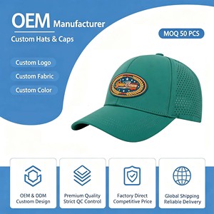 Casquette de baseball sportive en coton sergé 5 panneaux avec logo personnalisé en PVC, visière incurvée, perforée, couronne haute, respirante et imperméable - Product Image 1