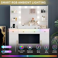 Coiffeuse moderne en bois avec miroir et éclairage d'ambiance RGB, 5 tiroirs, prise électrique intégrée, pour chambre et salon