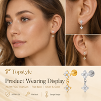 Anting-anting gantung bunga CZ ganda Titanium G23 16G dengan lapisan emas, anting tusuk datar, perhiasan pesta untuk labret, lip helix, dan tragus.