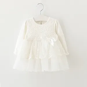 Ropa de algodón orgánico de manga larga para bebé, ropa blanca Lisa para bebé, vestidos de cumpleaños para niña de 1 año, venta al por mayor