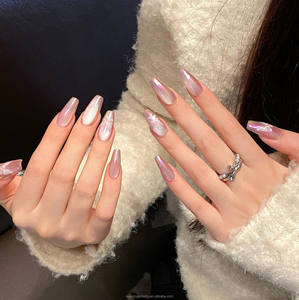 Uñas postizas de ataúd medianas, rosa claro, estilo francés, con efecto mariposa, luz de <span class=keywords><strong>ilusión</strong></span> y espejo mágico - Product Image 2