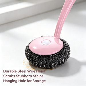 Brosse de nettoyage en fil d'acier inoxydable avec long manche en plastique, tampon à récurer pour cuisine, casseroles, poêles et éviers - Product Image 4