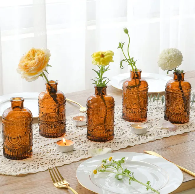 Popular wholesaleGlass Bud Vases Set Small Clear Amber Bud Vases in Bulk Mini Vintage Decorative Bottles for wedding flower deco