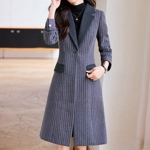 Striped Suit Collar Trench Coat For Women Medium Thickness Polyester Woven Autumn Winter Style Elegant Slim Fit Coat - Product Image 2