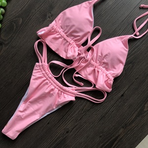 Women Black Deep V Neck Bikini Set With Ruffles Halter Lace Up <b>Thong</b> Bottom Swimwear Two Piece Swimsuit - Product Image 6