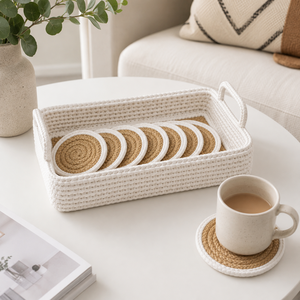 Handmade Round Fabric Coaster Set with Bohemian Pattern <b>Heat</b> Resistant & Non-Slip Natural Fibers <b>Reusable</b> for Kitchen & Home Use - Product Image 3