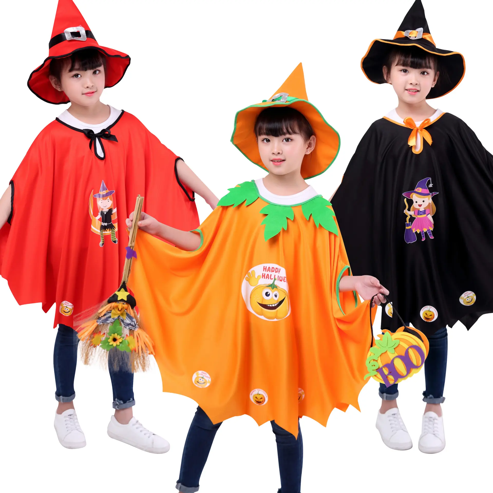 Goedkope Halloween Puntmuts En Heksenmantel Jurk Sets Goochelaar Pompoen Kat Bedrukt Heksenmantel Kostuum Voor Kinderen