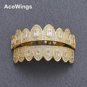 G023 <span class=keywords><strong>Grilz</strong></span> plaqué or/argent avec zircon carré, 8 dents supérieures et 8 dents inférieures, bijoux Hip Hop pour homme, cadeau - Product Image 1