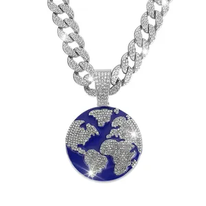 Hip Hop Earth Pendant Jewelry With 15mm Diamond Chain Necklace Men's Iced Out Pendant Bling Bling Jewelry