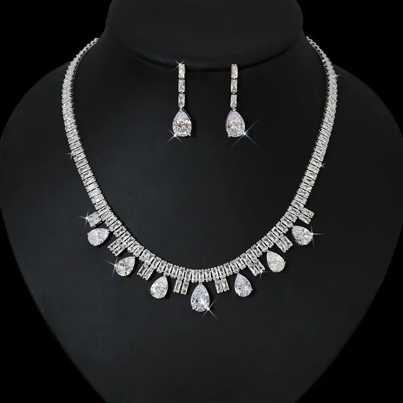 Thời trang cô dâu đám cưới trang sức dây chuyền Set Zircon Vòng cổ bông tai bên trang sức gói hợp thời trang đính hôn tiệc kỷ niệm