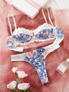 Ensemble de lingerie sexy pour femmes avec soutien-gorge push-up à armatures en dentelle semi-transparente, imprimé floral romantique, soutien-gorge et culotte 2 pièces pour femmes - Product Image 3