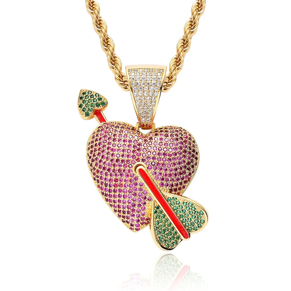 Hip Hop Jewelry Cooper Material Gold Plated Micro Pave Setting Colorful CZ Diamond Cupid Pierces the Heart Pendant Necklace