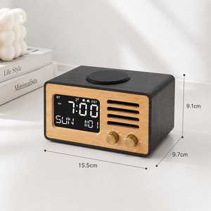 Office Room Led Display Table Wireless Charger Station Vintage BT Speaker <strong>Electronic</strong> FM Radio Bamboo Wood Desk Digit Alarm Clock - Product Image 3