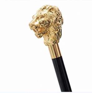 Canne de marche télescopique victorienne antique à deux sections, avec tête de lion en laiton peinte et poignée plaquée or, bâton en bois réglable - Product Image 1