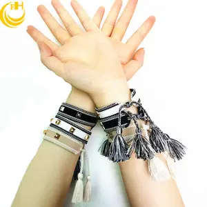 Fabric wristband bracelet cotton woven bracelet with rivets.Studs bracelet supplier