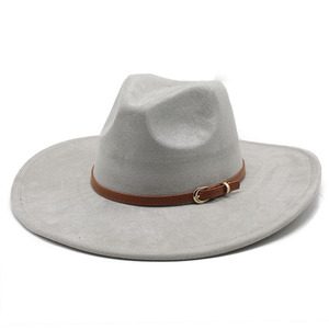 2025 New Suede Fedora Hat Fashion Custom logo PU Leather Hatband Flat Wide Brim Suede Fedora Hat - Product Image 5