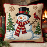 Coussin de Noël en point de croix avec motif Bonhomme de neige et cardinal, en laine de luxe brodée à la main, pour la décoration festive de la maison et du canapé, idéal comme cadeau.