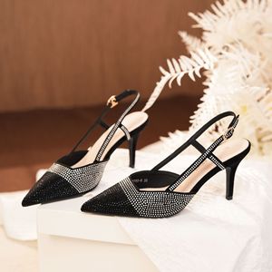 Escarpins à bride en T, bout pointu, talon aiguille, strass, chaussures à talons hauts pour femmes, tendance mode 7755-6 - Product Image 1