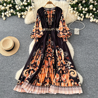 Robe vintage à imprimé pour femmes, ample, à nouer à la taille, col rond, manches lanternes, jupe plissée pressée, robe vintage