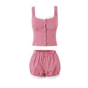 Women's Casual Button-Up Cotton Tank Tops and Shorts with Shoulder <b>Strap</b> and Plaid Pattern - Product Image 2