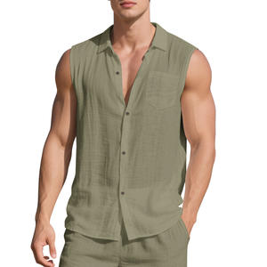 Chemise sans manches en lin pour homme, coupe ample et décontractée, idéale pour la plage, en tissu fin de lin, blanche, pour l'été, modèle transfrontalier - Product Image 3