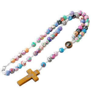 Gỗ Divine Mercy Trung Tâm Huy Chương Và Chữ Thập 8Mm Đa Màu Clay Hạt Công Giáo Mân Côi Dệt <span class=keywords><strong>Necklace</strong></span> Với Clasp - Product Image 5