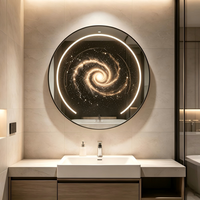 Miroir LED Spirale Galaxie à Cadre Noir Rond, Miroir Mural Intelligent de Salle de Bain avec Éclairage Arrière Anti-Buée Tactile et Décoratif