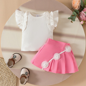 2025 Summer Solid White Cotton Top Pleated Skirt Set for Toddler Girls <strong>Handmade</strong> Casual Style Ruffled Sleeveless Sweet Flower - Product Image 4
