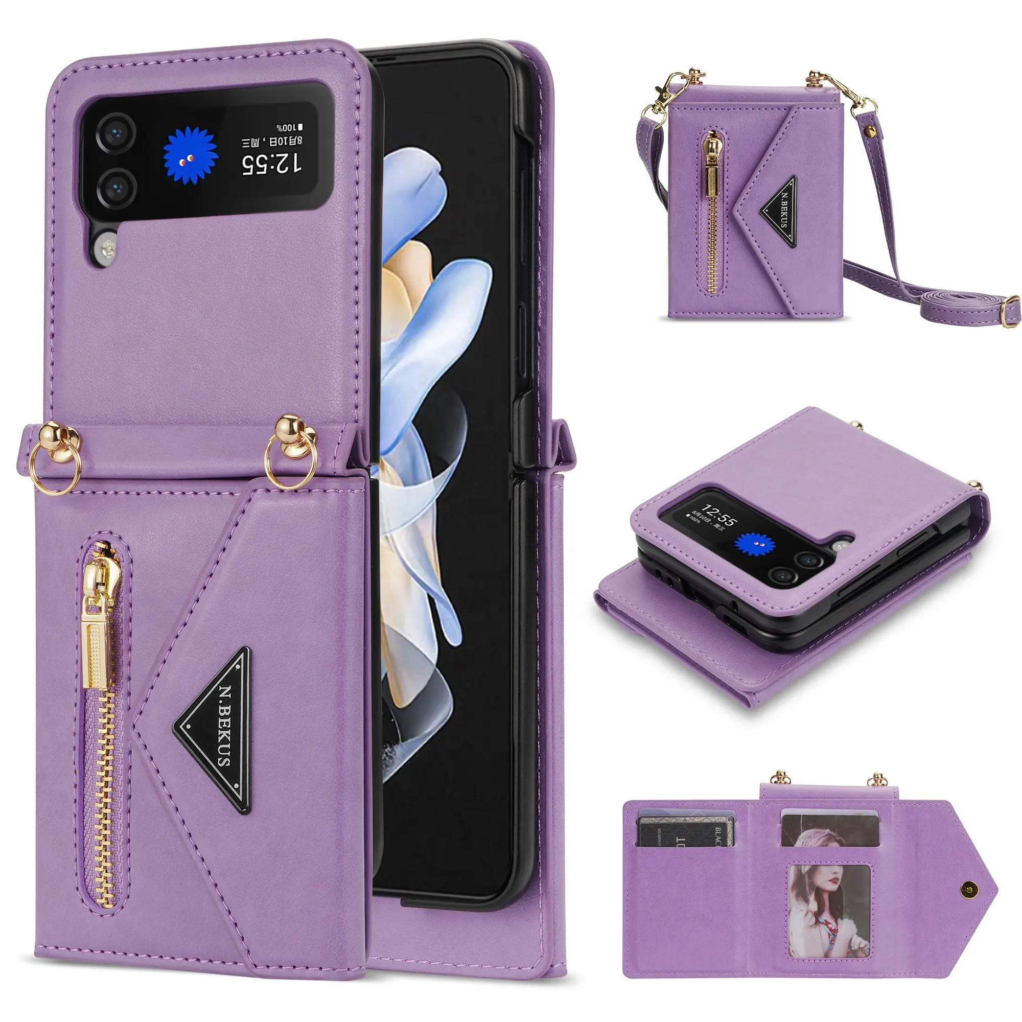 Luxury leather zipper wallet bag case cover for Samsung z flip 3 crossbody lanyard phone case for samsung z flip 4