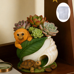 Moule en silicone DUMO pour pot de fleurs, pot de rangement, ou moule à bougie en plâtre sur le thème de la cohabitation tortue et singe - Product Image 4