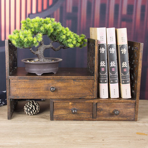 Yijiale Solid Wood Bookshelf 2 Tier Rectangle Retro Desk Storage Rack For Office Bedroom <b>Small</b> Bookcase With <b>Drawer</b> - Product Image 3