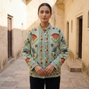 Veste en velours brodée de fleurs pour femmes, veste à manches longues à col montant à motif floral gris, vente en gros - Product Image 1