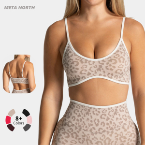 Sujetador deportivo sin costuras para mujer con logo personalizado, tirantes ajustables, estampado de leopardo con bloques de color, escote pronunciado y soporte alto, talla XS - Product Image 1