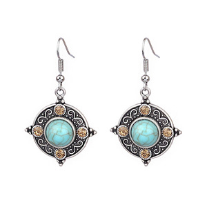 Pendientes Colgantes de Aleación de Bisutería de Moda, Chapados en Plata Antigua con Turquesa Engastada, Estilo Bohemia para Mujer - Product Image 5