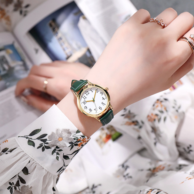 Women Quartz Watch Easy to Read Arabic Numerals Simple Dial Leather Strap Lady Candy Color
