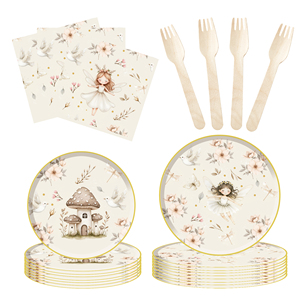 DAMAI - Vajilla Desechable de Papel con Diseño Floral de Hadas y Hongos para Fiestas de Cumpleaños Infantiles, Servilletas, Vasos y Platos Redondos - Product Image 4