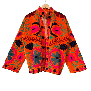 Manteau Bohème Brodé à la Main à Motifs Floraux Col Mandarin Grande Taille pour Femme Manches Longues Vêtement d'Extérieur Décontracté Automne - Product Image 1