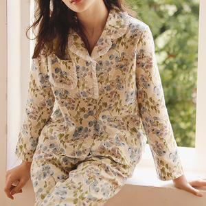 Autunno coreano abbigliamento per la casa con fiori di frutta verde stampato in <span class=keywords><strong>cotone</strong></span> traspirante Cardigan elastico in vita con risvolto laterale tessuto <span class=keywords><strong>pigiama</strong></span> - Product Image 2