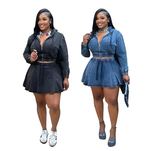 <span class=keywords><strong>Soldes</strong></span> Chaudes Été Automne Ensemble Jupe Deux Pièces <span class=keywords><strong>Femme</strong></span>: Veste Courte à Capuche Manches Longues et Mini Robe Plissée - Product Image 1