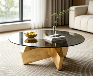 Mesa de Centro de Vidrio Templado Ahumado Redonda Hecha a Mano, Base de Metal Dorado Geométrica, Estilo Moderno de Mediados de Siglo, para Sala de Estar - Product Image 4